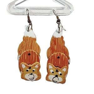 Vtg Handmade painted wood articulated dangle Cat or Fox earrings pierced
